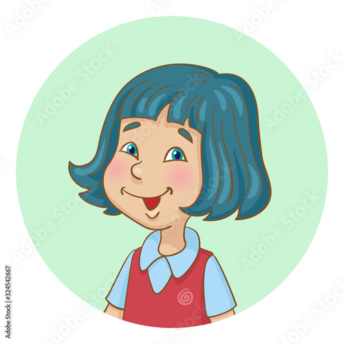 Cute little smiling black-haired girl. Avatar icon in the circle. In cartoon style. Isolated on white background. Vector illustration.