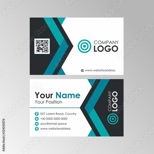 Simple flat geometric turquoise business card with qr code design, professional name card template vector