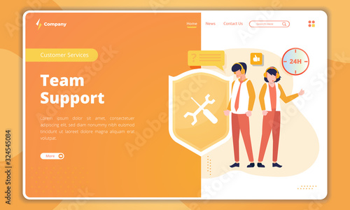 Flat design of team support concept on landing page template