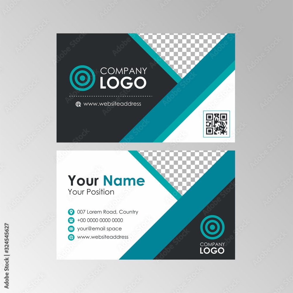 Simple flat geometric turquoise business card with qr code design, professional name card template vector