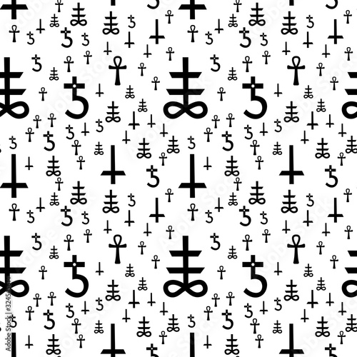 Occultism print with gothic magic signs - cross. Seamless pattern. Linear black drawing.