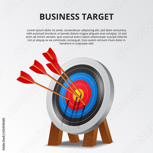 Successful archery arrow on 3D target board. business goal achievement illustration concept.