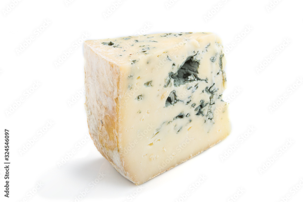 Piece of blue cheese isolated on white background. Side view.