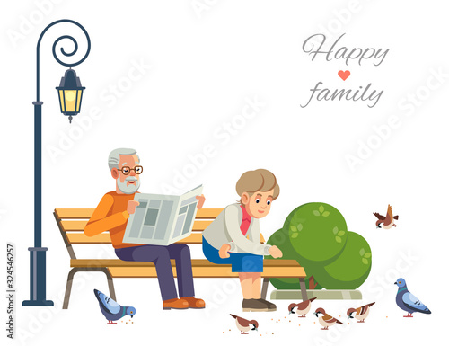 Happy elderly couple feeding the birds on a park bench, isolate on white background. Vector flat illustration.