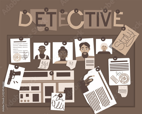 Detective story board for concept design. Investigation, evidence board. Criminal law.Headline text. Detective map vector illustration.