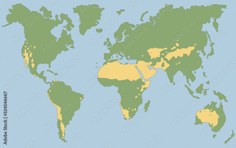 Worlds largest deserts like Sahara, Gobi, Kalahari, Arabian, Patagonian and Great Basin Desert. Global map with yellow desert climate. Vector illustration.