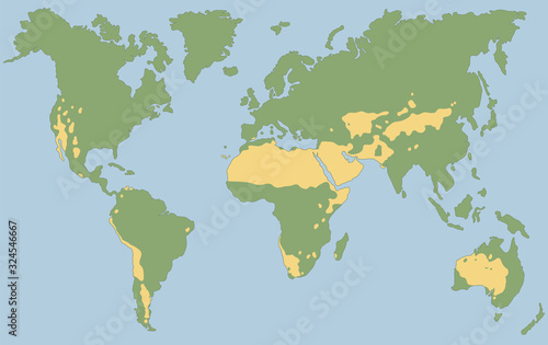 Worlds largest deserts like Sahara  Gobi  Kalahari  Arabian  Patagonian and Great Basin Desert. Global map with yellow desert climate. Vector illustration.