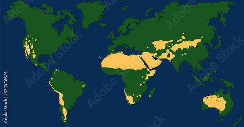 Desert climate world map with greatest deserts like Sahara, Gobi, Kalahari, Arabian, Patagonian and Great Basin Desert. Chart with yellow drought areas. Vector illustration.