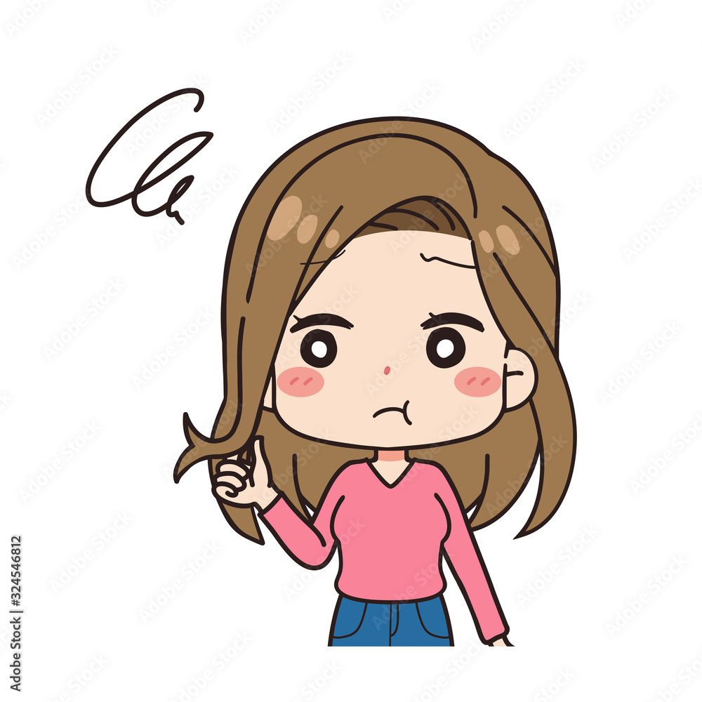 Front illustration of woman shocked by split ends, upper body. Front illustration of woman shocked by split ends, upper body.