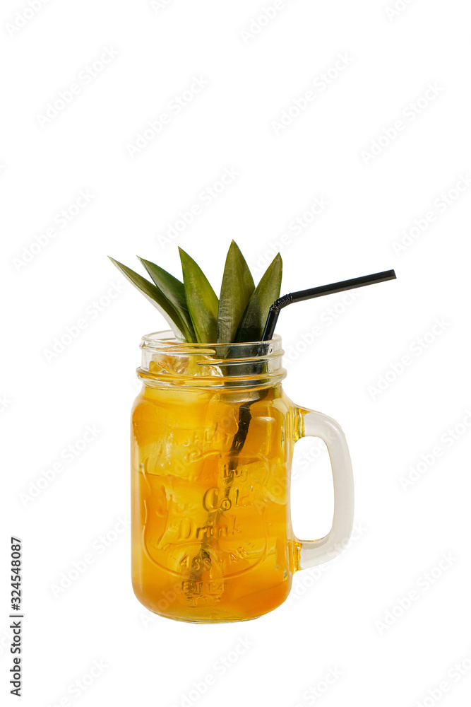 Multi-colored two-layer opaque cocktail in a glass with straw ice cubes with melon, pear, apple, berries, fruit, pineapple leaves, orange, apricot, peach, side view, isolated white background Multi-colored two-layer opaque cocktail in a glass with straw ice cubes with melon, pear, apple, berries, fruit, pineapple leaves, orange, apricot, peach, side view, isolated white background