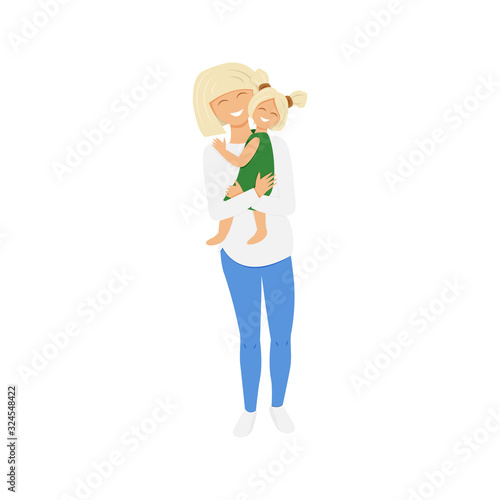 Vector illustration of blond mom hugging daughter. Flat illustration of mom's love. Cute cartoon characters design of pregnant mummy that holding and cuddling her little girl. Usable for mother's day