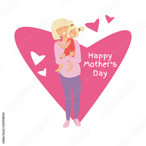 Vector illustration of blond mom hugging daughter. Flat illustration of mom's love. Cartoon characters design of pregnant mummy and little girl. Personages with heart shape and text for mother's day