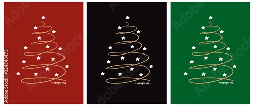 Merry Xmas. Simple Christmas Vector Cards. Golden Christmas Tree with White Lightig Stars Isolated on a Red, Black and Green Background. Funny Christmas Illustration in 3 Different Colors.