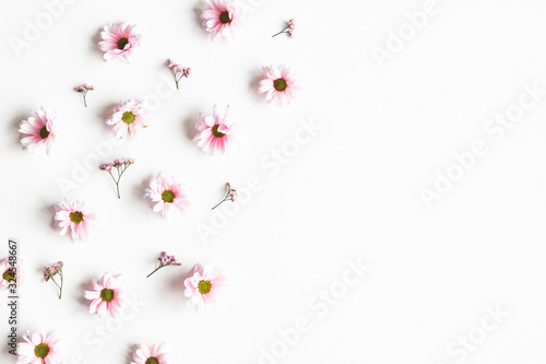 Flowers composition. Frame made of pink flowers on white background. Flat lay, top view