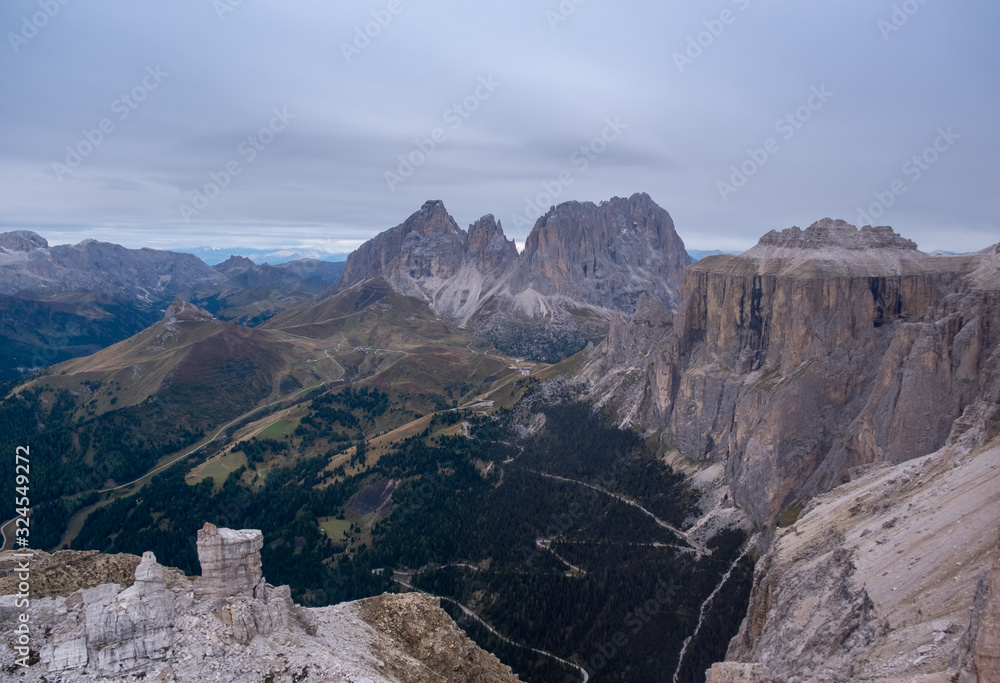 Beautiful view on the Italian Dolomite from Sass Pordoi Terrazza Delle Dolomiti