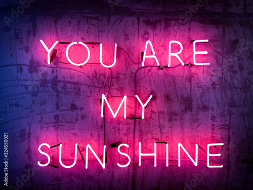 Close up of neon signage in pink colour with 'you are my sunshine' text place on concrete wall background.