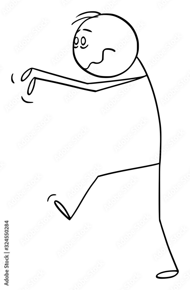 Vector cartoon stick figure drawing conceptual illustration of lunatic or madman or somnambulant man or sleepwalker walking. Vector cartoon stick figure drawing conceptual illustration of lunatic or madman or somnambulant man or sleepwalker walking.