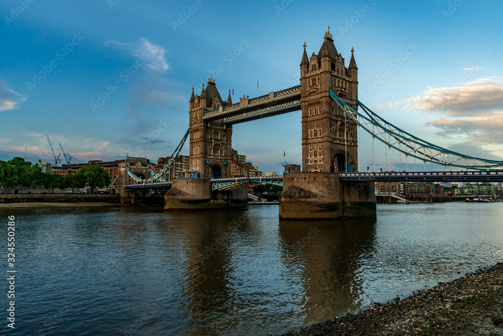 Tower Bridge London at sunset, an old bridge over the river Thames, United Kingdom, Great Britain, England