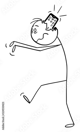 Vector cartoon stick figure drawing conceptual illustration zombie lunatic with mobile phone or cellphone in brain walking. Modern technology addiction.
