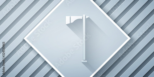 Paper cut Native american tomahawk axe icon isolated on grey background. Paper art style. Vector Illustration