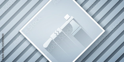 Paper cut Native american tomahawk axe icon isolated on grey background. Paper art style. Vector Illustration