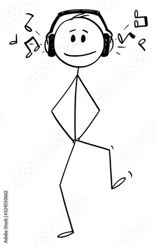 Vector cartoon stick figure drawing conceptual illustration of happy man walking with big headphones and hearing music.