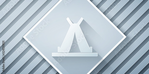 Paper cut Traditional indian teepee or wigwam icon isolated on grey background. Indian tent. Paper art style. Vector Illustration