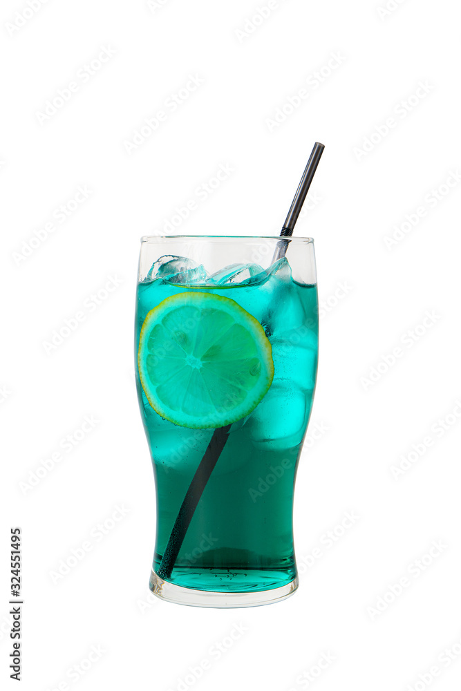 A single-colored transparent cocktail, refreshing shining in a tall blue glass with straw, large square ice cubes and lemon, side view, iIsolated white background. Drink for the menu restaurant, bar A single-colored transparent cocktail, refreshing shining in a tall blue glass with straw, large square ice cubes and lemon, side view, iIsolated white background. Drink for the menu restaurant, bar