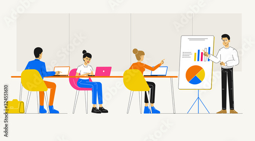Happy business man presenting new project to his partners and colleagues. Team leader giving presentation to clients at conference meeting room. Showing graphs and pie charts. Vector illustration