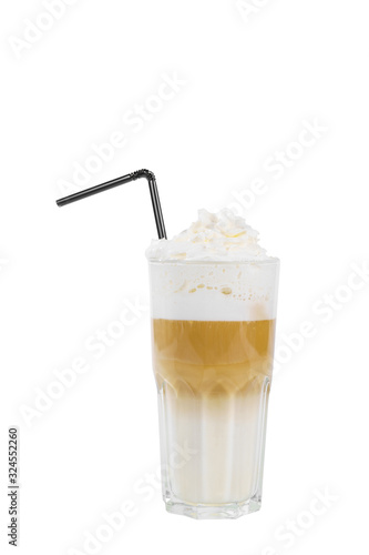 A multi-colored, two-layer opaque cocktail in a tall glass with chopped ice, whipped cream, with a taste of coffee, caramel, cream and straw, Side view, Isolated white background, drink for menu