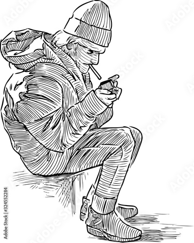 Sketch of homeless old man sitting on the street and lighting a cigarette