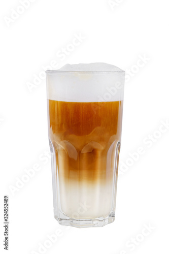 A multi-colored, two-layer opaque cocktail in a tall glass with chopped ice, whipped cream, with a taste of coffee, caramel, cream, Side view, Isolated white background, drink for menu