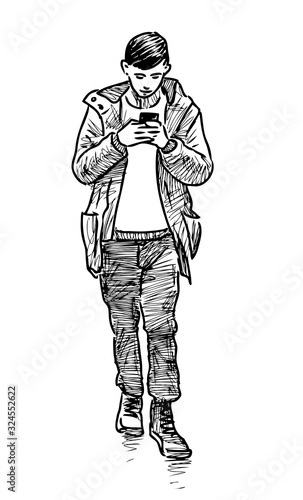Sketch of teen boy with smartphone walking along street
