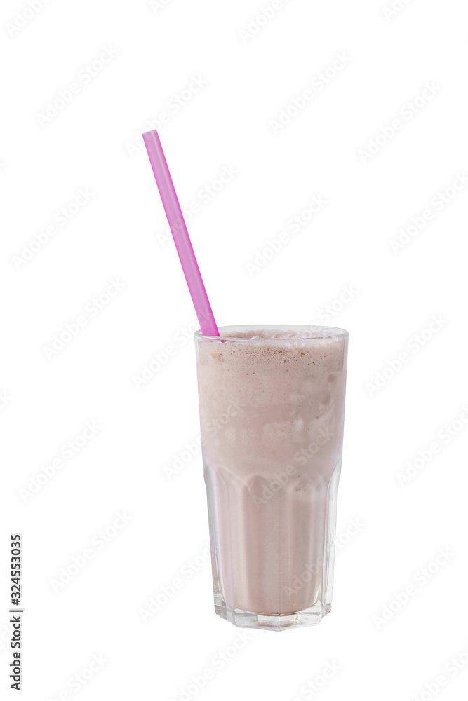 Milk cocktail with chocolate syrup and pink straw, isolated white background in a high glass, side view Milk cocktail with chocolate syrup and pink straw, isolated white background in a high glass, side view