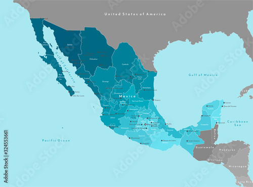 Vector illustration. Simplified geographical map of Mexico (United Mexican States) and nearest countries (USA, Belize and etc). Blue background of Pacific ocean. Names of mexican cities and states