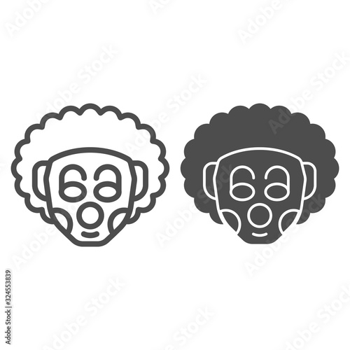 Curly Clown line and solid icon. Party harlequin jester face with makeup and frizz hair. Happy Birthday vector design concept, outline style pictogram on white background, use for web and app. Eps 10.