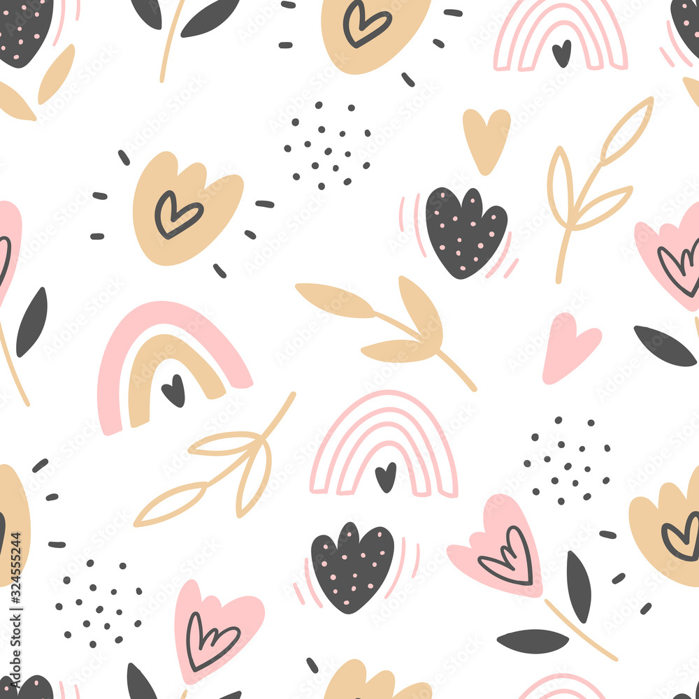 Hand drawn decorative abstract kids seamless pattern for print, textile, apparel design. Modern cute girly background. Hand drawn decorative abstract kids seamless pattern for print, textile, apparel design. Modern cute girly background.