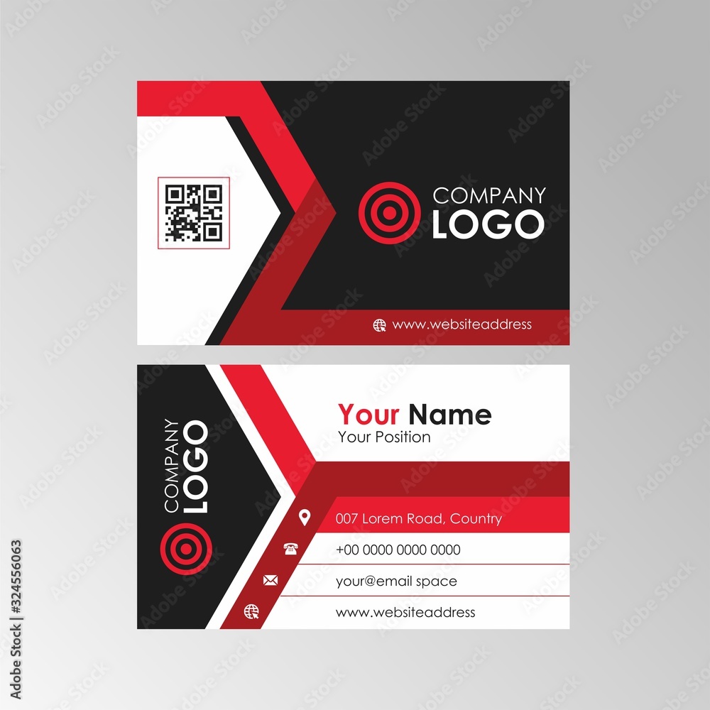 Simple geometric red and black business card with qr code design, professional name card template vector