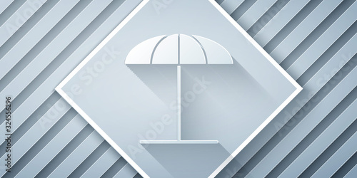 Paper cut Sun protective umbrella for beach icon isolated on grey background. Large parasol for outdoor space. Beach umbrella. Paper art style. Vector Illustration