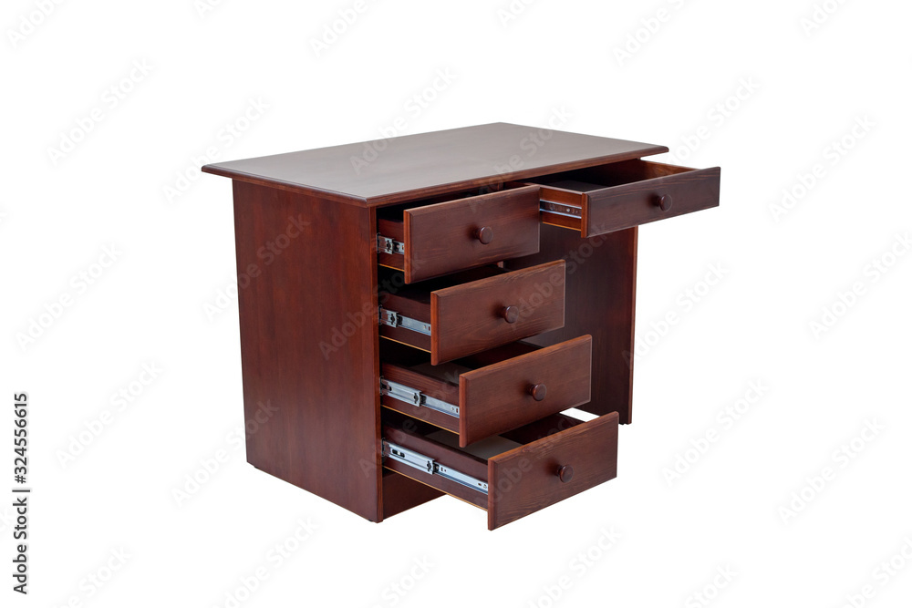 Classic brown desk with an open drawers, side view, isolated on a white background. Classic brown desk with an open drawers, side view, isolated on a white background.