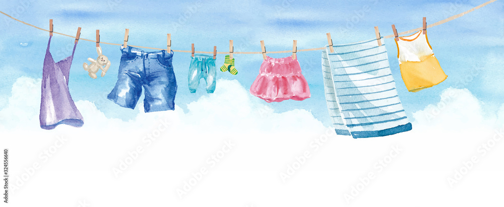 青空の下で干す洗濯物いろいろ スカート タオル 靴下 パンツ デニム 子供服 キャミソール 水彩イラストのトレースベクター レイアウト変更可能 Stock Vector Adobe Stock