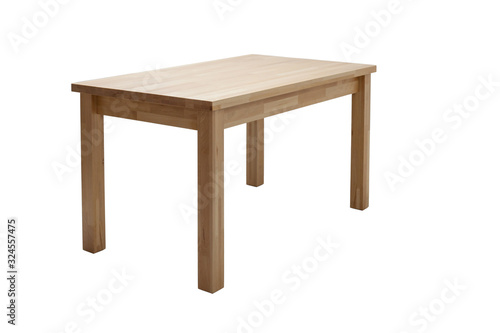 Wooden modern table isolated on white background. Kitchen dining table, side view.