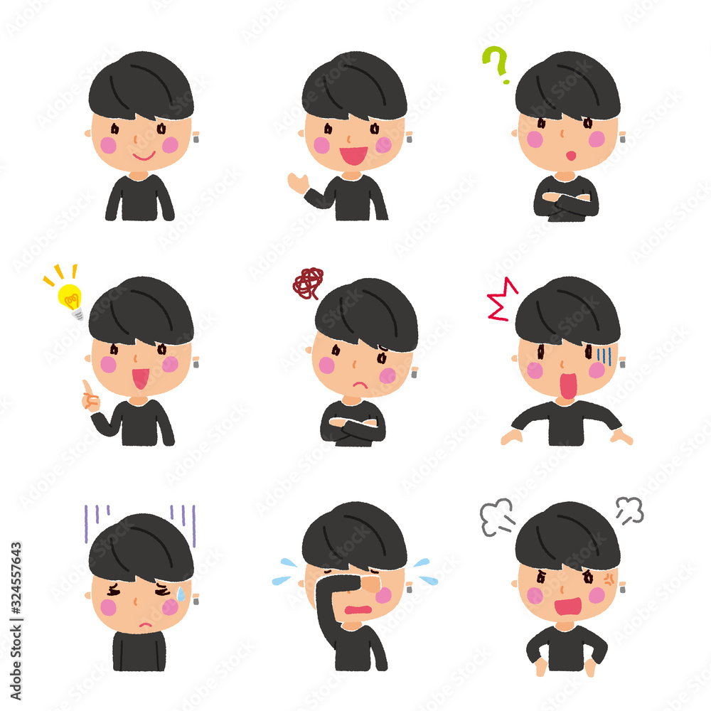 若い男性の表情のイラストセット 若い男性の表情のイラストセット