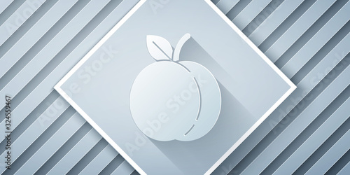 Paper cut Peach fruit or nectarine with leaf icon isolated on grey background. Paper art style. Vector Illustration