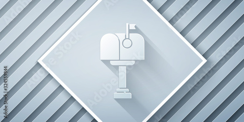 Paper cut Mail box icon isolated on grey background. Mailbox icon. Mail postbox on pole with flag. Paper art style. Vector Illustration