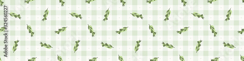 Hand drawn whimsical herb sprig gingham seamless pattern. Vector vintage check herbal plant background. Green farm market tablecloth. Drawn sketchy allover print. Home grown self sufficient garden
