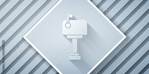 Paper cut Mail box icon isolated on grey background. Mailbox icon. Mail postbox on pole with flag. Paper art style. Vector Illustration