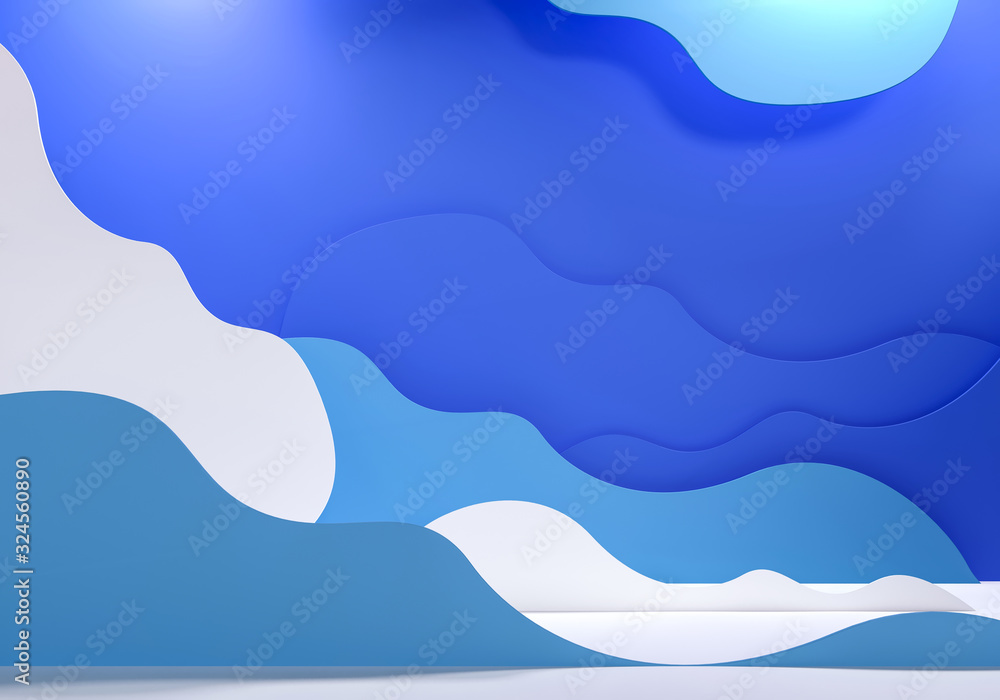 Paper cut background 3d illustration. Bright summer poster for kids goods, sport brand. Podium, show stand for advertising brand products. Summer holiday papercut mockup. Sea Template with copy space