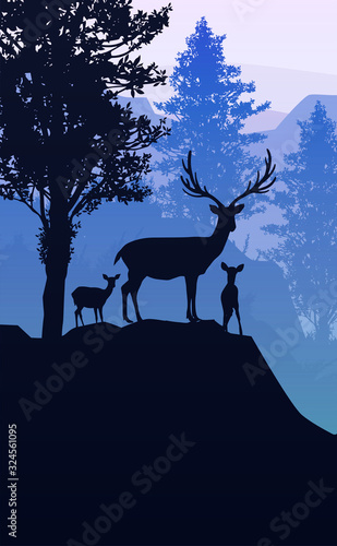Natural forest mountains horizon trees Landscape wallpaper Sunrise and sunset Herd of deer Illustration vector style Colorful view background © Chakkree