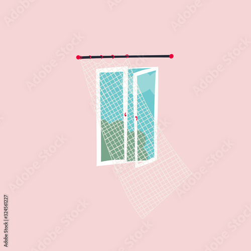 Open window curtain good weather illustration card